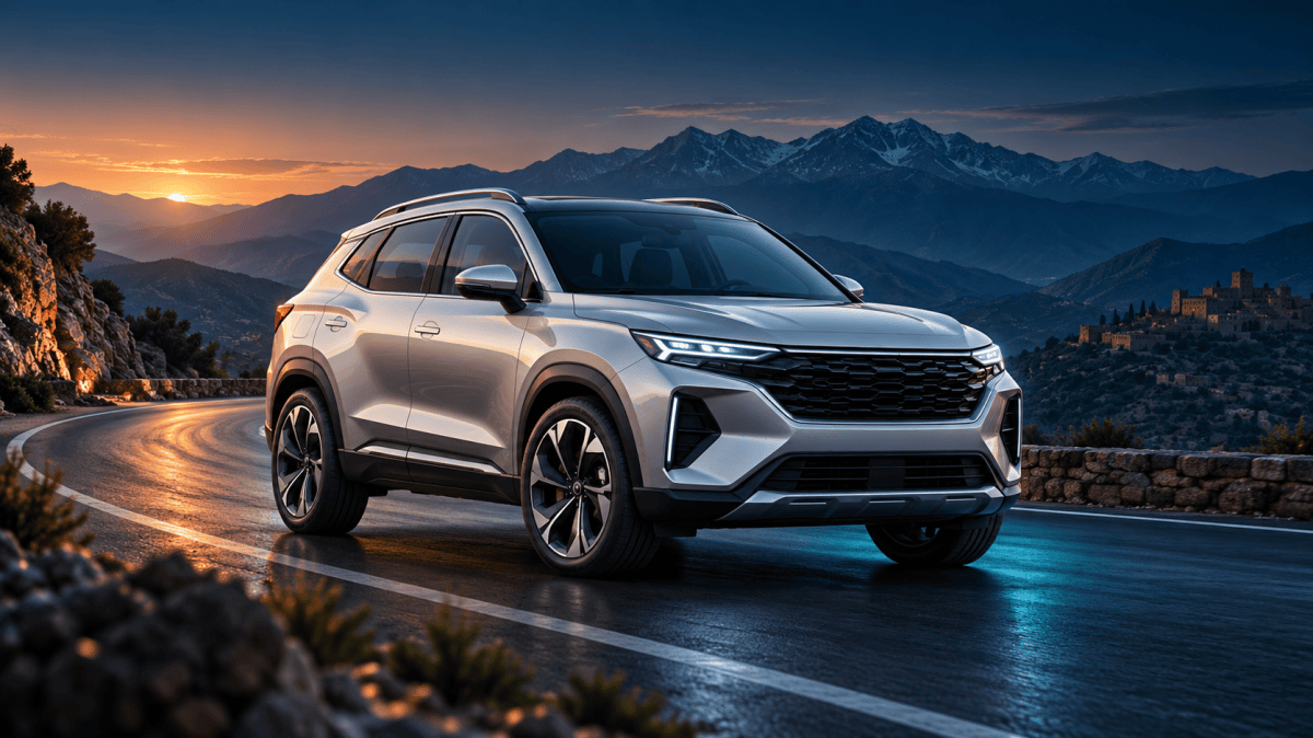 Illustration d’un SUV argenté sur une route de montagne